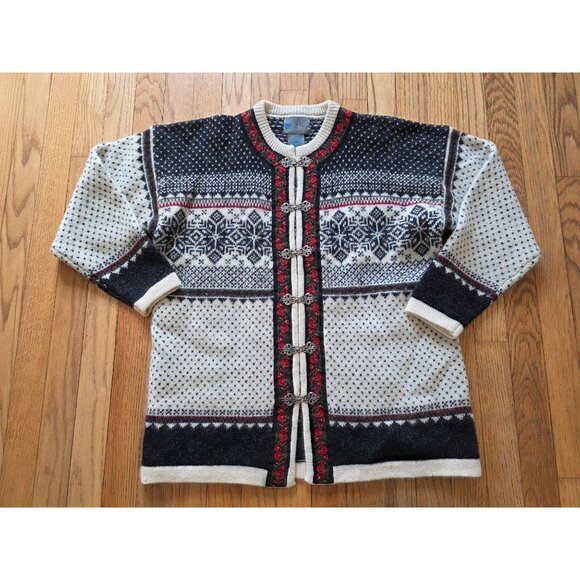 Vintage Squaw Valley Wool Nordic Cardigan Sweater Rose Embroid Pewter Clasps PM - Picture 5 of 9